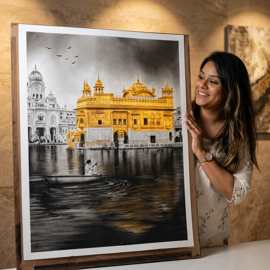 Gunjan Daga with her charcoal and gold artwork of the Golden Temple